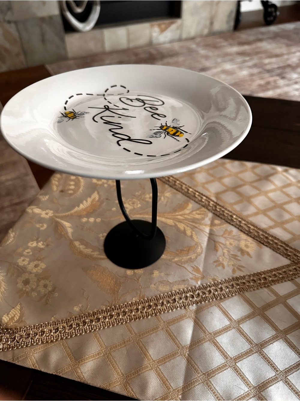 Handmade Bee Kind Decorative pedestal plate White with Yellow Bee Accents